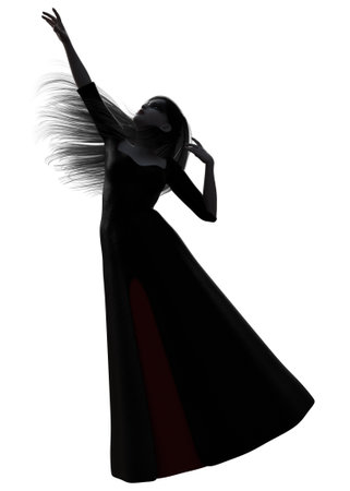 Ghost or witch gothic woman in black medieval dress, 3D Illustration.の写真素材