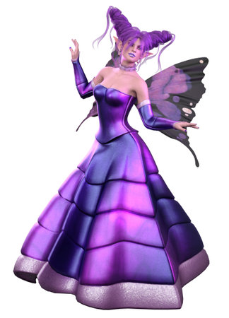 Fantasy fairy with butterfly wings in purple ball gown, 3D Illustration.の写真素材