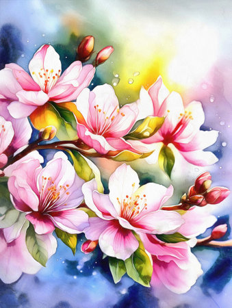 Digital painting of a pink cherry blossom flower, macro, AI watercolor.の素材