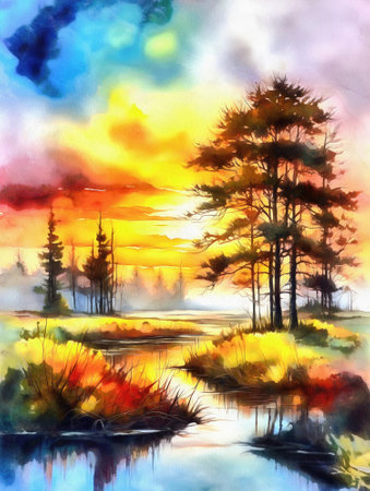 Abstract colorful autumn forest, AI watercolor illustration.の素材