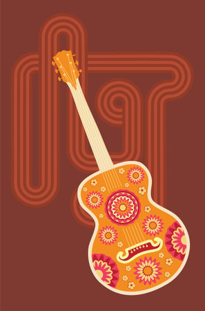 Acoustic guitar in retro style with flowers music illustration.のイラスト素材