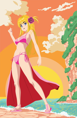 Calm coast bay landscape, big mountain and anime girl in bikini at sunset time.のイラスト素材