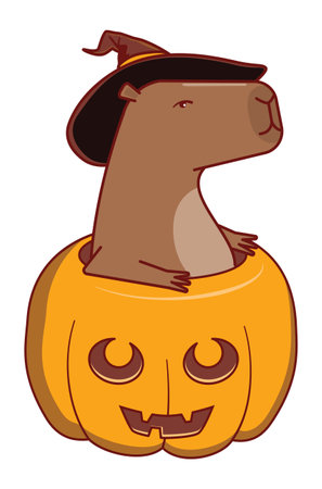 Cartoon seriously looking capybara sit in Halloween pumpkin.のイラスト素材