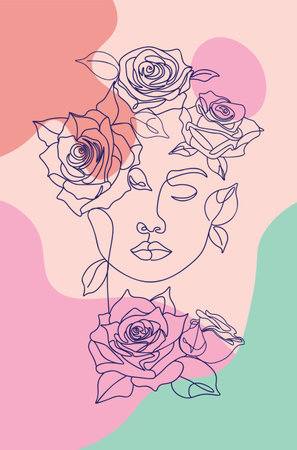 Minimalistic background with colorful shapes, line art female face with roses and leaves.のイラスト素材