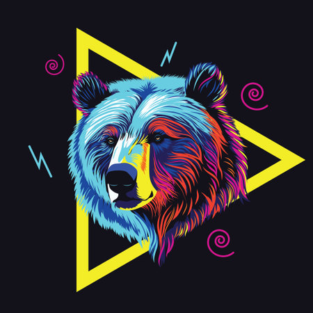 Grizzly bear head in bright neon colors illustration.のイラスト素材
