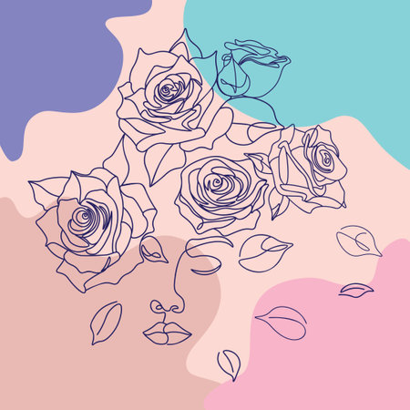 Minimalistic background with colorful shapes, line art female face with roses and leaves.のイラスト素材