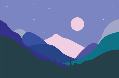 Abstract landscape with night over colorful mountains, minimalist style illustration.のイラスト素材