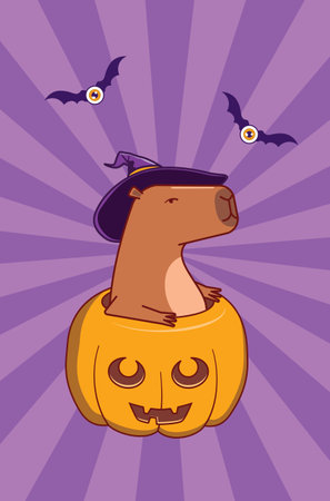 Cartoon seriously looking capybara sit in Halloween pumpkin.のイラスト素材