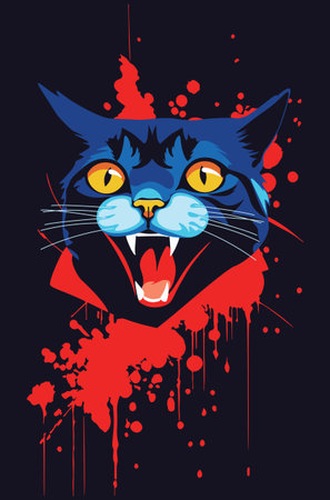 Cartoon spooky vampire cat head in blue colors, Halloween illustration.のイラスト素材