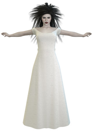 Gothic ghost woman with long black hair wears white gown, 3D Illustration.の写真素材