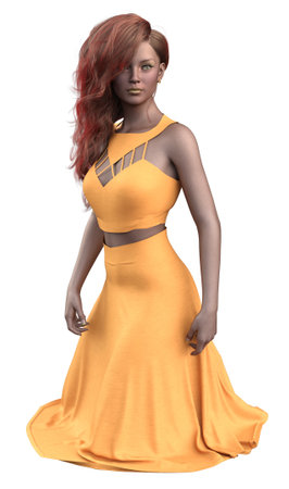 Young woman wear orange crop top and midi skirt, 3D Illustration.の写真素材