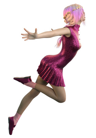 Fantasy fairy girl in pink sequins pleated dress, 3D Illustration.の写真素材