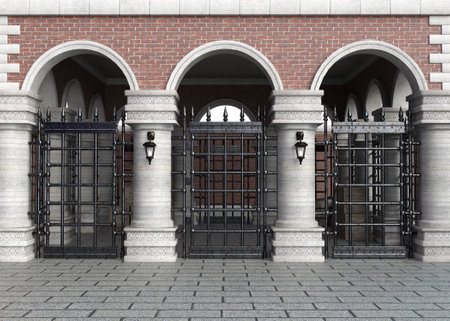 Old medieval brick courtyard with iron gates, 3D Illustration.の写真素材