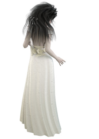 Gothic ghost woman with long black hair wears white gown, 3D Illustration.の写真素材
