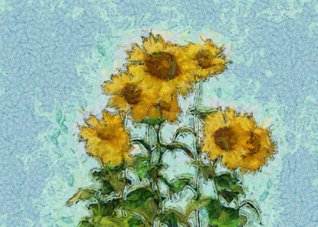 Yellow sunflowers over blue background, photo manipulation, digital painting effect.の写真素材