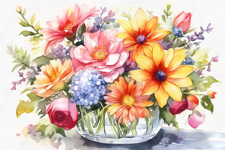 Various flowers bouquet in a vase, watercolor AI illustration.の素材
