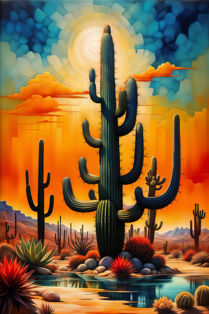 Fantastic desert landscape with cactuses, AI painted illustration.の素材