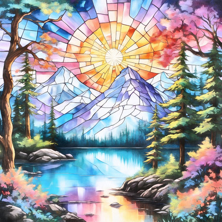 Colorful watercolor landscape with mountains, lake and trees.の素材