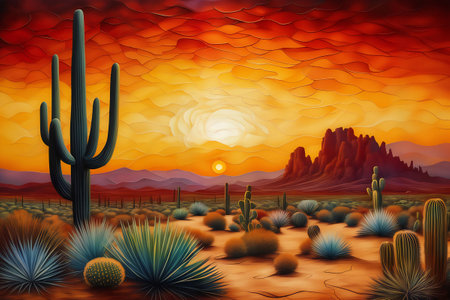 Fantastic desert landscape with cactuses, AI painted illustration.の素材