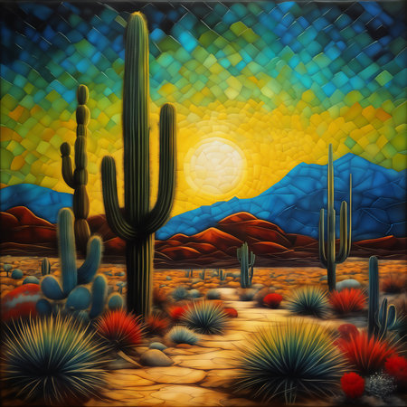 Fantastic desert landscape with cactuses, AI painted illustration.の素材