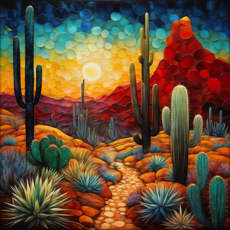 Fantastic desert landscape with cactuses, AI painted illustration.の素材