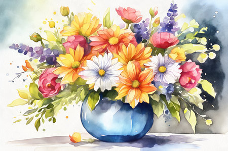 Various flowers bouquet in a vase, watercolor AI illustration.の素材