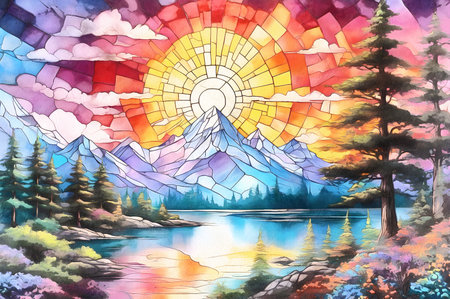 Colorful watercolor landscape with mountains, lake and trees.の素材