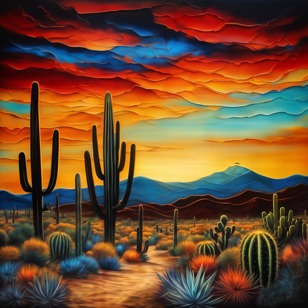 Fantastic desert landscape with cactuses, AI painted illustration.の素材