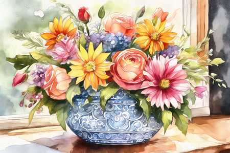 Various flowers bouquet in a vase, watercolor AI illustration.の素材