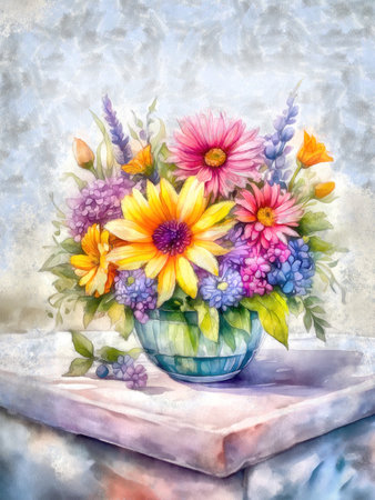 Various flowers bouquet in a vase, watercolor AI illustration.の素材