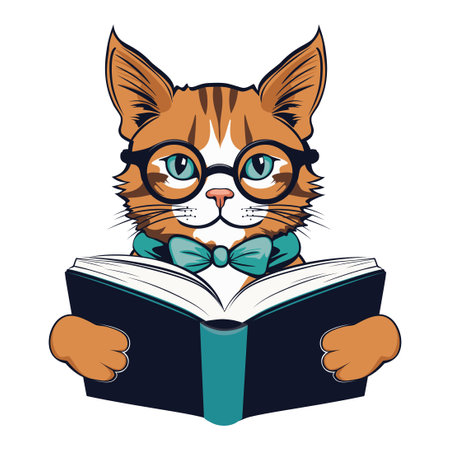 Cute cartoon ginger Maine Coon cat reading a book illustration.のイラスト素材