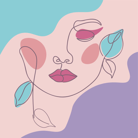 Abstract line art female face with leaves minimalistic illustration.のイラスト素材
