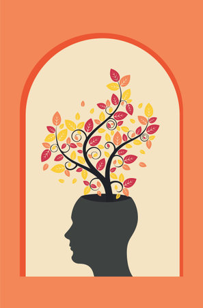 Abstract tree with colorful autumn leaves glowing from human head illustration.のイラスト素材