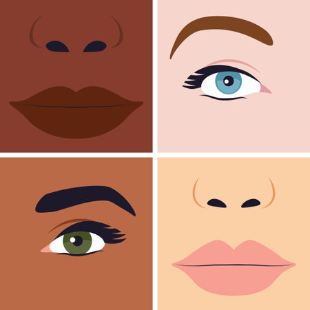 Combination of eyes and lips on different skin tone, diversity concept.のイラスト素材