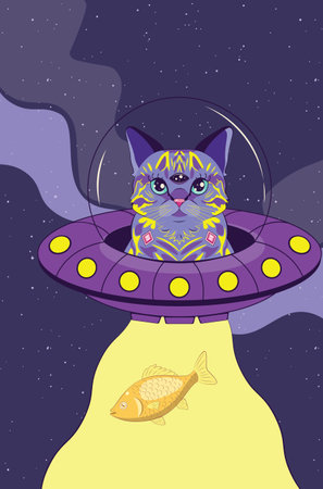 Abstract cartoon outer space background with stars and cat with goldfish in flying saucer.のイラスト素材