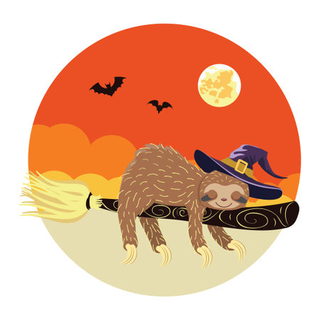 Cute cartoon sloth in witch hat flying on broom for Halloween.のイラスト素材
