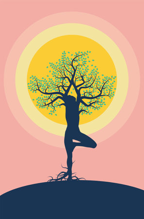 Silhouette of human shaped tree with leaves over sun, minimalist illustration.のイラスト素材