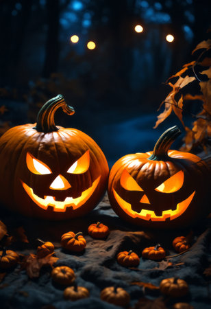 Abstract spooky Halloween pumpkins with autumn leaves.の素材