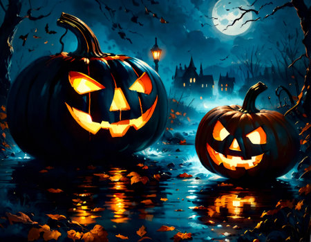 Abstract comic style Halloween pumpkins with autumn leaves, poster in orange and blue colors.の素材