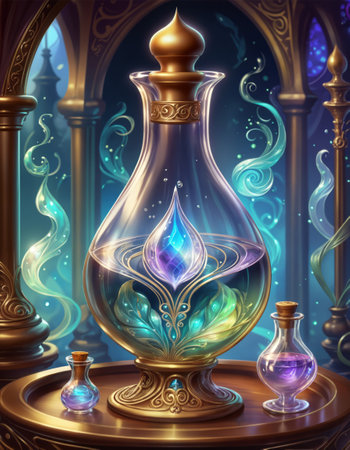 Fantasy magic elixir in a decorative glass bottle.の素材