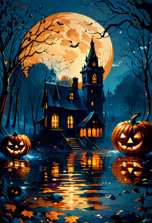 Abstract comic style Halloween pumpkins with autumn leaves, poster in orange and blue colors.の素材