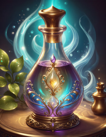 Fantasy magic elixir in a decorative glass bottle.の素材