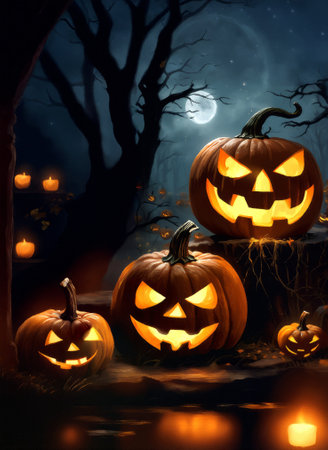 Abstract spooky Halloween pumpkins with autumn leaves.の素材