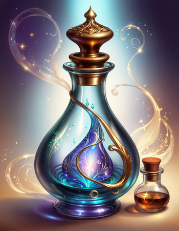 Fantasy magic elixir in a decorative glass bottle.の素材