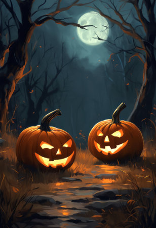 Abstract spooky Halloween pumpkins with autumn leaves.の素材