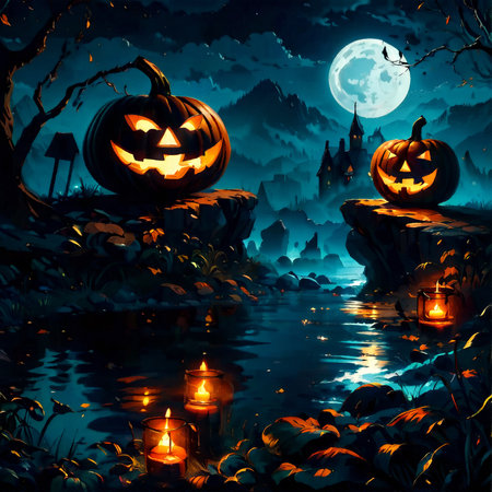 Abstract comic style Halloween pumpkins with autumn leaves, poster in orange and blue colors.の素材
