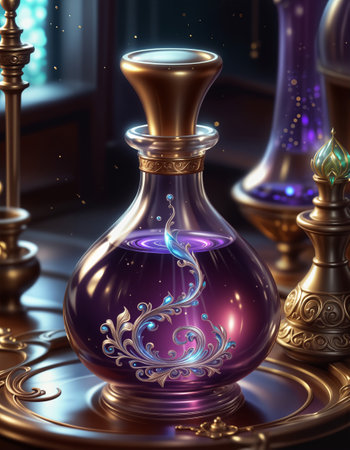 Fantasy magic elixir in a decorative glass bottle.の素材