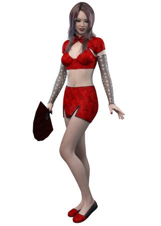Young Asian woman wears red outfit, 3D Illustration.の写真素材