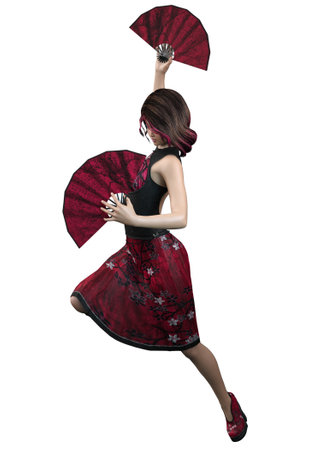 Young Asian girl in hot pink dress holding two fans, 3D Illustration.の写真素材