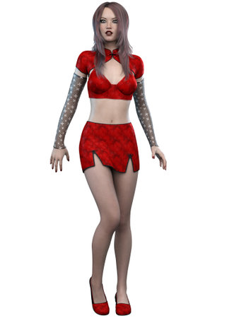 Young Asian woman wears red outfit, 3D Illustration.の写真素材